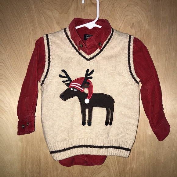 Gymboree Reindeer Sweater Vest & Children’s Place Red Button Down Size 18 months - Picture 1 of 7